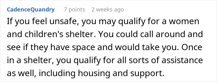 A comment suggesting a women and children's shelter for a 19YO daughter unsafe with a narcissist mom. A comment suggesting a women and children's shelter for a 19YO daughter unsafe with a narcissist mom.