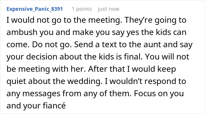 A Reddit comment advising against meeting with an aunt about a childfree wedding, stating the decision about kids is final. A Reddit comment advising against meeting with an aunt about a childfree wedding, stating the decision about kids is final.