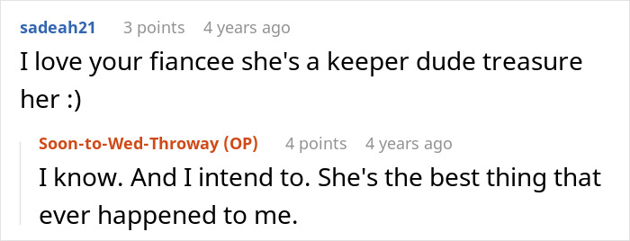 A user comment celebrating the OP's fiancee after an entitled man plans to propose at his brother's wedding.