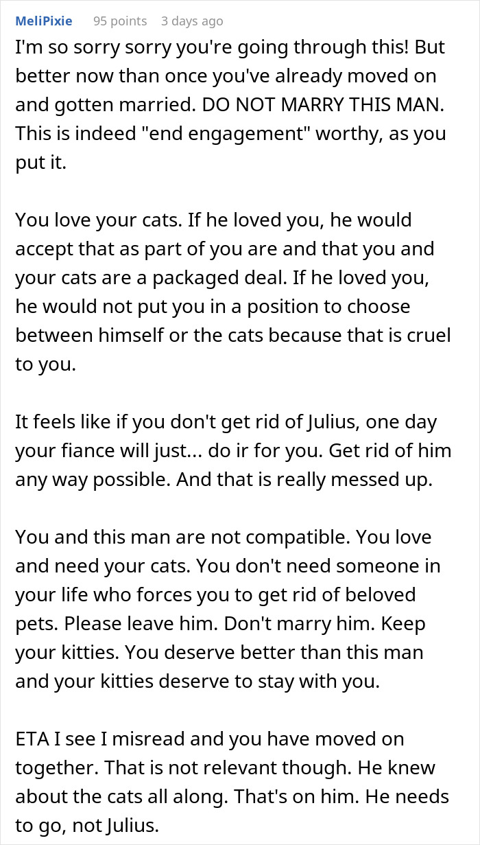 A Reddit comment urging a bride-to-be to end her engagement rather than give up her beloved cat. A Reddit comment urging a bride-to-be to end her engagement rather than give up her beloved cat.