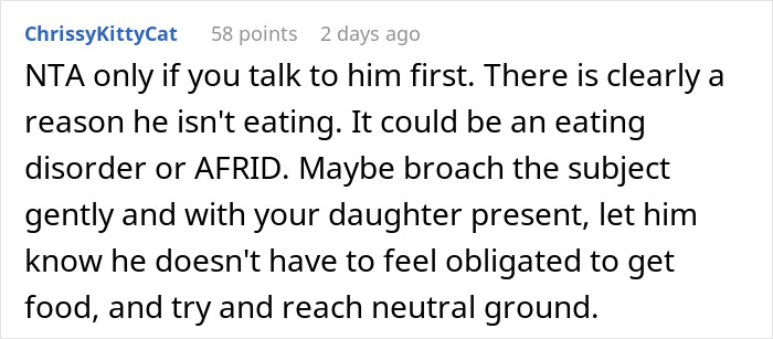 Mom advises talking to BF about his dinner table habit; suggests it might be an eating disorder or AFRID. Mom advises talking to BF about his dinner table habit; suggests it might be an eating disorder or AFRID.