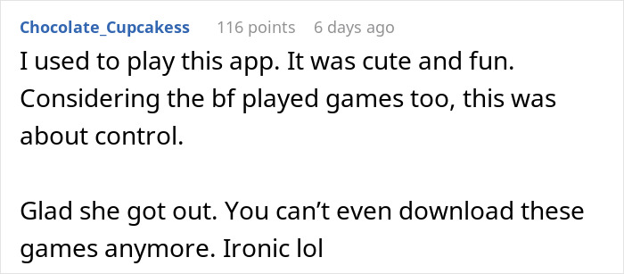 Reddit user's comment about BF deleting phone app, calling it about control and glad she left. Reddit user's comment about BF deleting phone app, calling it about control and glad she left.