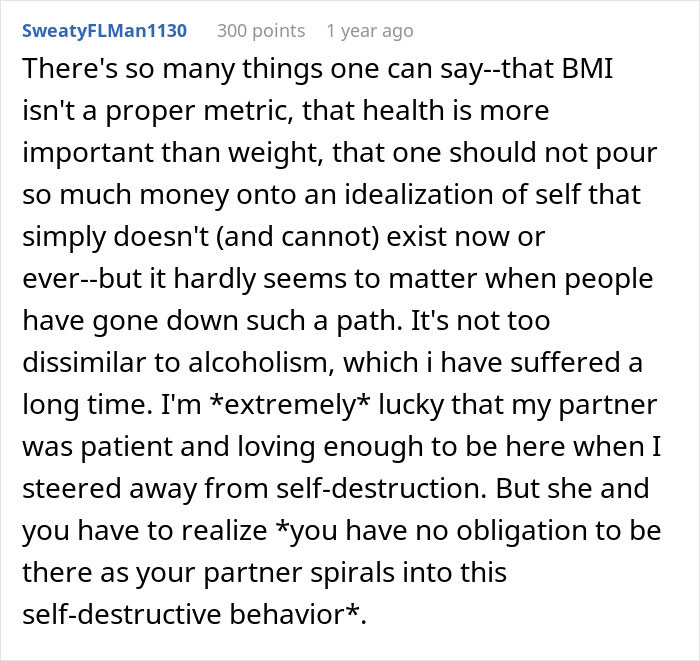 A comment on the woman's journey to achieve a perfect body, highlighting the importance of health over weight.