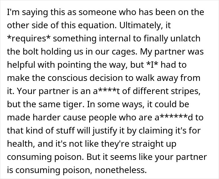A comment discussing the internal struggle and conscious decision required to move away from destructive pursuit of a perfect body.