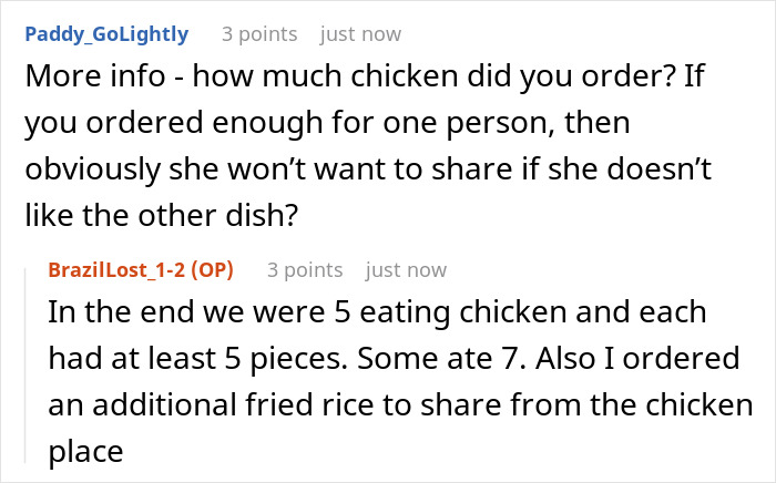 A Reddit user clarifying details about the amount of chicken ordered for the picky eater. A Reddit user clarifying details about the amount of chicken ordered for the picky eater.