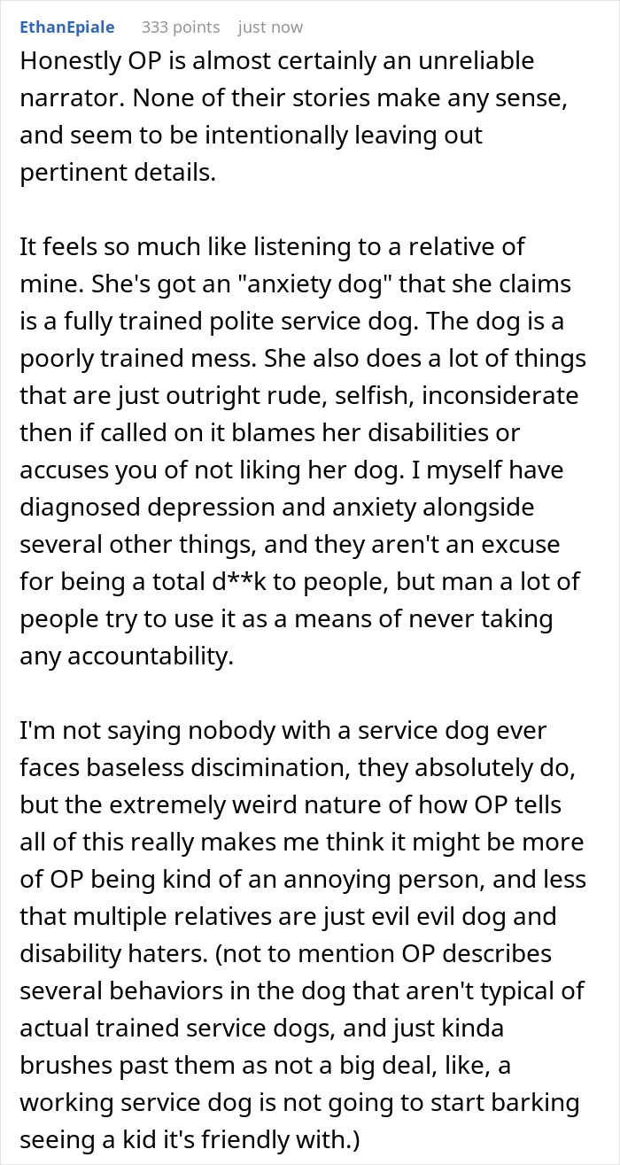 A detailed Reddit comment analyzing the service dog and wedding dispute, questioning the sibling's reliability.