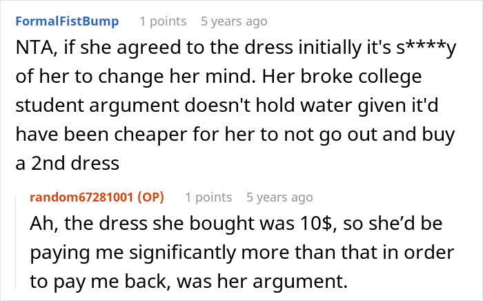 Screenshot of Reddit comments debating a MOH replacing a wedding dress and the cost of the dress bought. Screenshot of Reddit comments debating a MOH replacing a wedding dress and the cost of the dress bought.