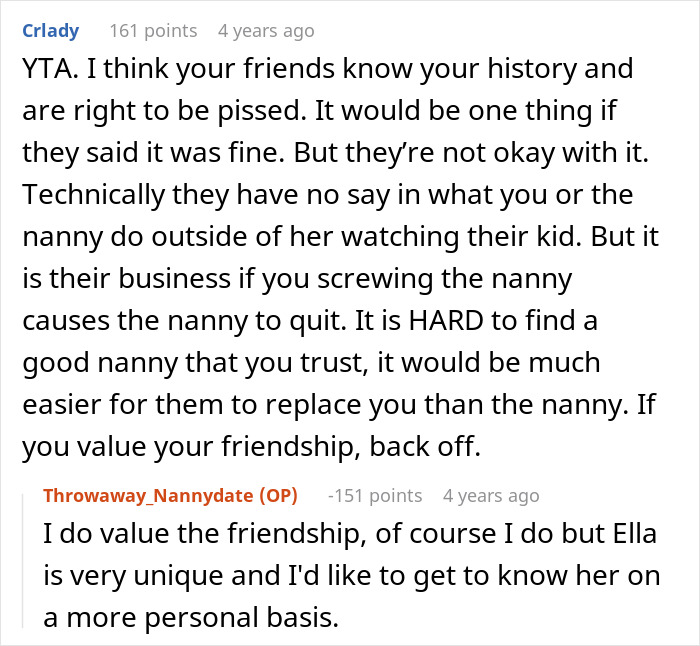 Reddit users discuss how pursuing friend's nanny impacts friendship, highlighting the dark truth of nanny replacement difficulty.