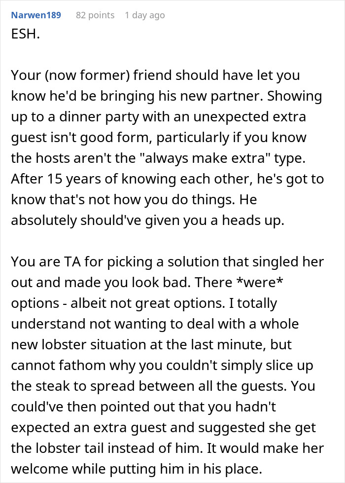 A detailed comment about ESH, discussing the man expecting a free steak and lobster dinner for GF and the friend's actions. A detailed comment about ESH, discussing the man expecting a free steak and lobster dinner for GF and the friend's actions.