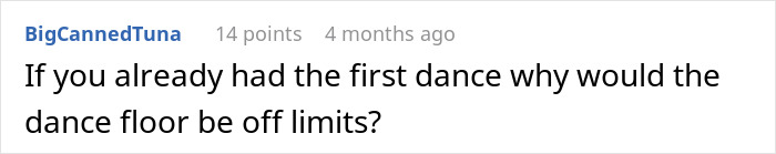 Comment questioning why the dance floor was off limits if the mom already had the first dance at daughter's wedding.