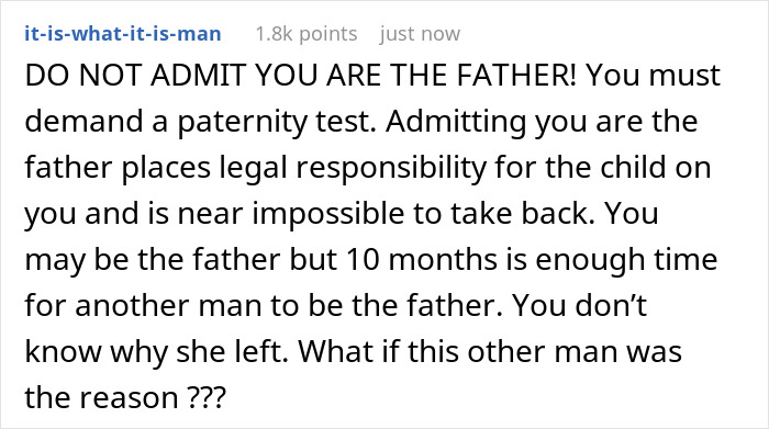 Screenshot of advice urging a man to demand a paternity test to avoid legal responsibility for a baby Screenshot of advice urging a man to demand a paternity test to avoid legal responsibility for a baby