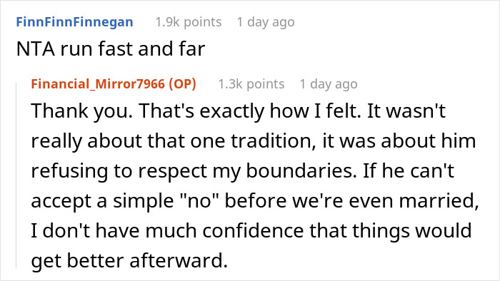 Screenshot of a Reddit comment supporting the girlfriend realizing her wedding mistake and ending engagement.