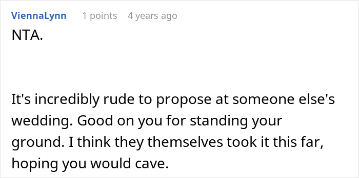 A user comments on the rudeness of the entitled man's proposal plan at the wedding.