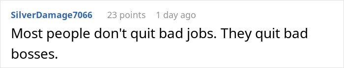 A comment stating people quit bad bosses, not bad jobs, relevant to the 17YO bullying claims. A comment stating people quit bad bosses, not bad jobs, relevant to the 17YO bullying claims.