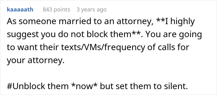 A screenshot showing advice for a woman finding her husband and her sister naked, suggesting not to block texts from an attorney.