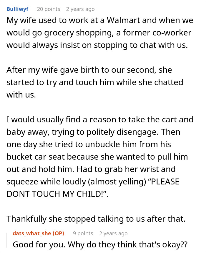 Boomer's xenophobic remarks; online comment describing a boomer attempting to touch a child without permission. Boomer's xenophobic remarks; online comment describing a boomer attempting to touch a child without permission.