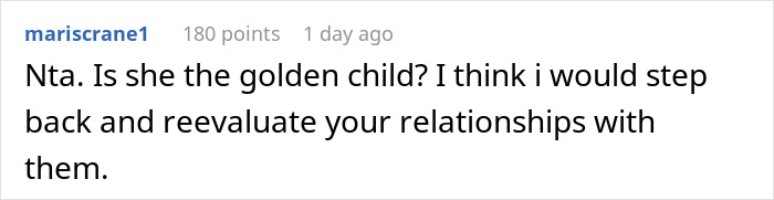 A screenshot of a Reddit comment suggesting reevaluating relationships after a sister's unexpected reaction and family drama. A screenshot of a Reddit comment suggesting reevaluating relationships after a sister's unexpected reaction and family drama.