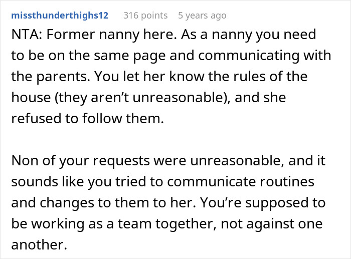 A former nanny comments on the importance of communication and respecting employer boundaries in the nanny role.