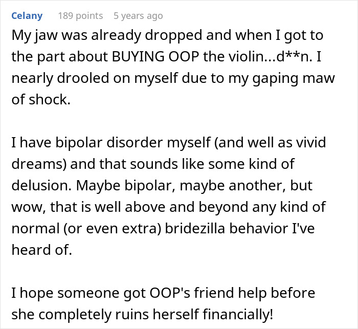 A detailed comment expressing shock at a demanding bride's behavior, expecting a classmate to learn violin for her wedding.