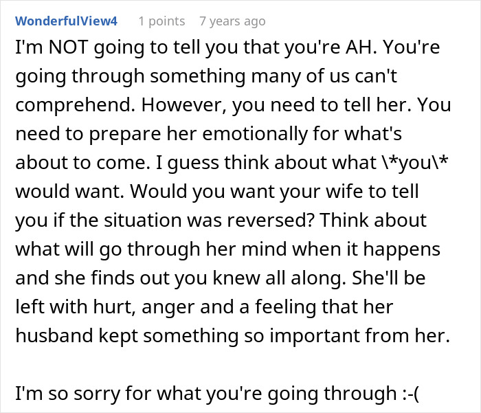 A user comment emphasizing the importance of a husband sharing sad news with his wife after a trip. A user comment emphasizing the importance of a husband sharing sad news with his wife after a trip.
