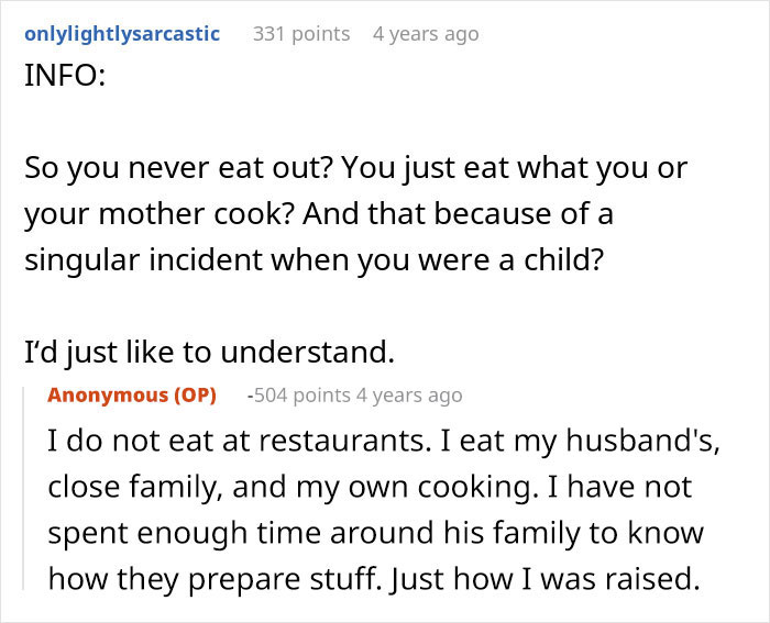 A Reddit comment asking a woman why she refuses to eat anyone's cooking, only her own or close family's.