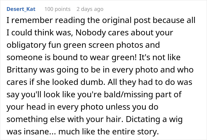 A user comment discussing a woman's scary fixation over a groom, green screen photos, and an unsettling wig demand.