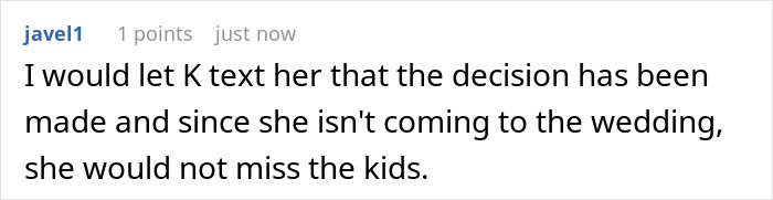 Reddit comment advising to inform a family member about the childfree wedding decision, can't digest kids can't attend. Reddit comment advising to inform a family member about the childfree wedding decision, can't digest kids can't attend.