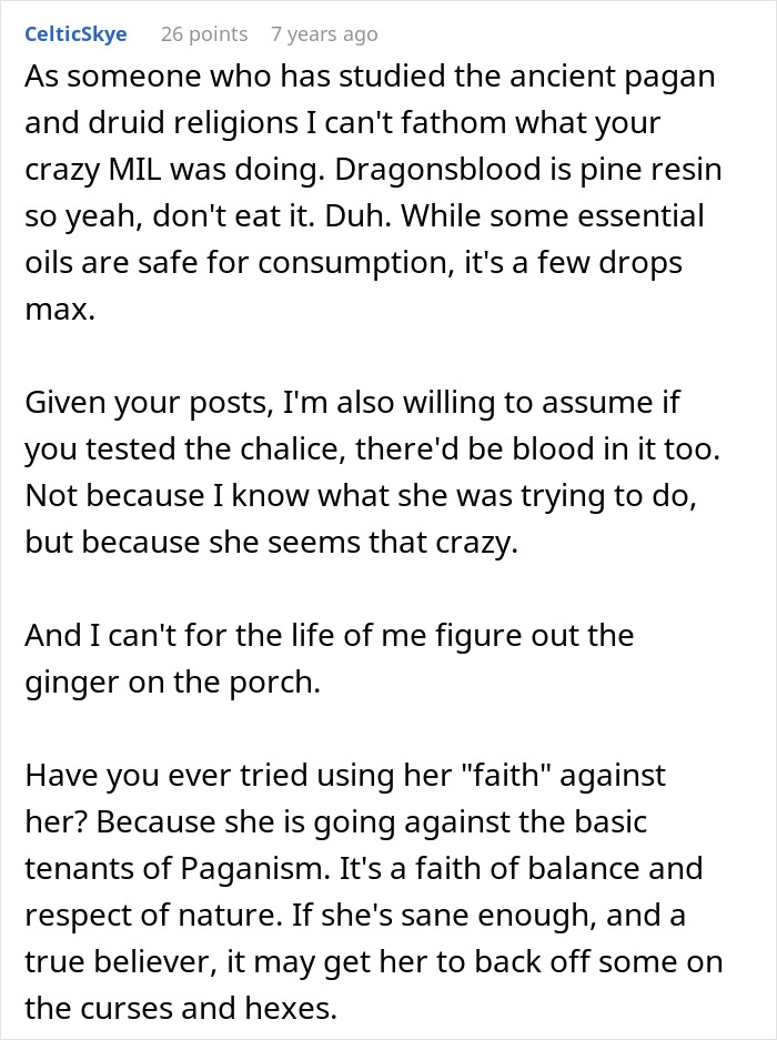 A Reddit comment discussing MIL witchcraft, ancient pagan religions, and her most recent potion failure.
