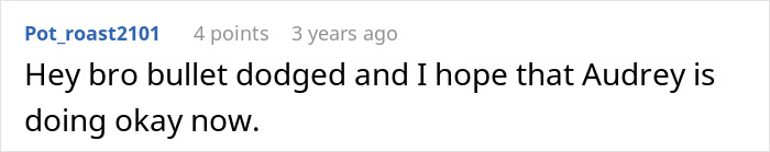 An online comment from a user named Pot_roast2101 wishing Audrey well after her cheating ex.