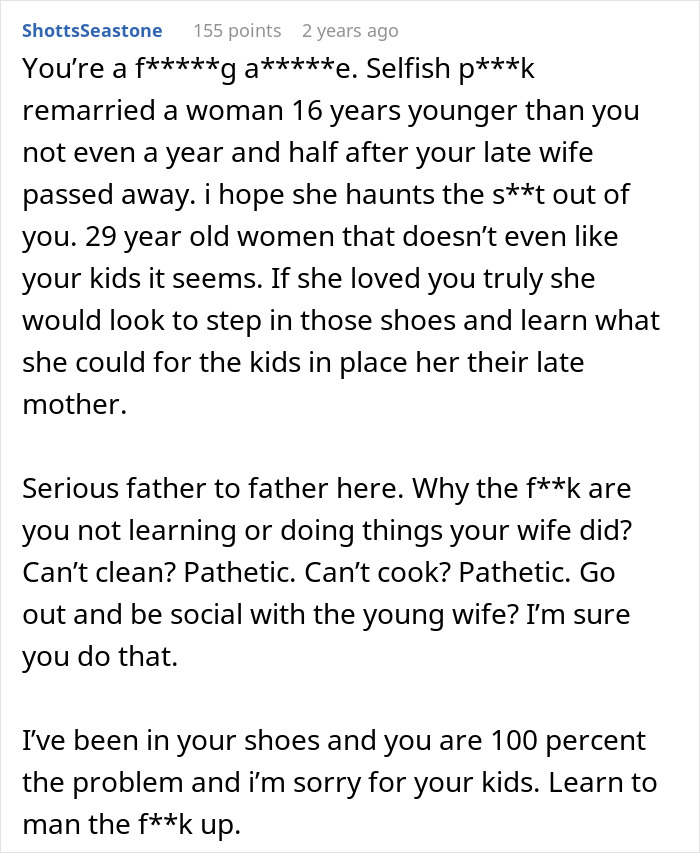 Screenshot of a Reddit comment criticizing a dad for remarrying quickly and hiring a nanny for his kids. Screenshot of a Reddit comment criticizing a dad for remarrying quickly and hiring a nanny for his kids.