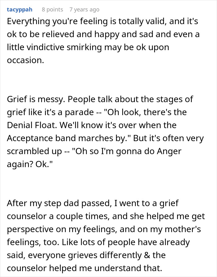 A comment validating all feelings, including relief and sadness, after the passing of a Crazy MIL.