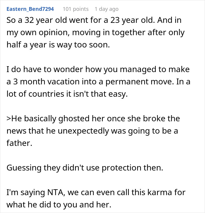 A comment discussing a man who hides his baby, his age difference with his ex, and becoming a father.