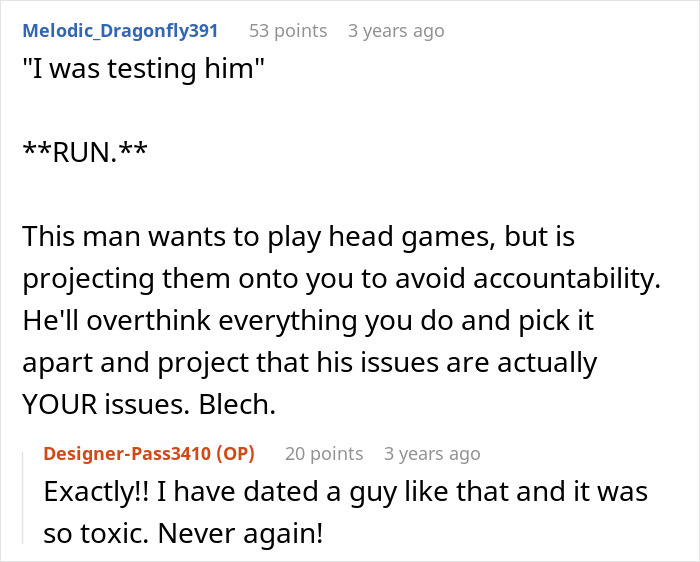 A social media comment advising the woman left baffled to run from a guy playing head games. A social media comment advising the woman left baffled to run from a guy playing head games.