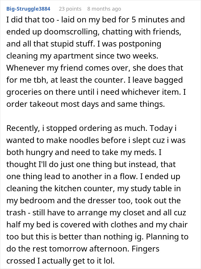 A screenshot of a person sharing a simple trick that changed their life, detailing how they stopped procrastinating.