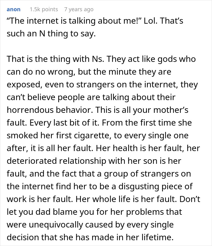 A comment describing the mom's entitlement and denial as her son refuses to donate his lung, blaming her for everything. A comment describing the mom's entitlement and denial as her son refuses to donate his lung, blaming her for everything.