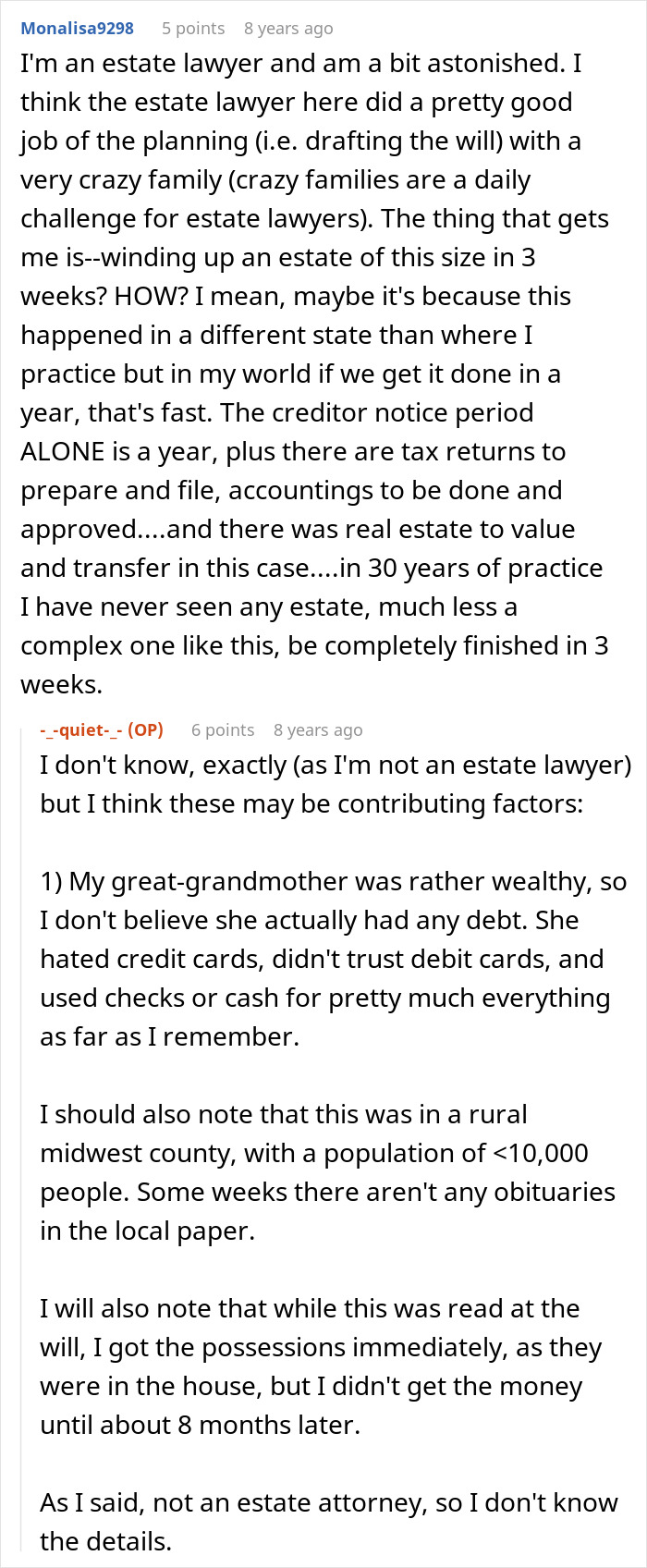 A Reddit comment by an estate lawyer discusses the rapid handling of the great-grandma's estate, trolling the in-law. A Reddit comment by an estate lawyer discusses the rapid handling of the great-grandma's estate, trolling the in-law.