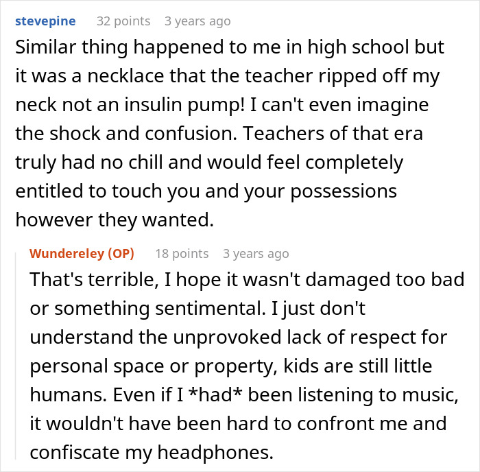 A screenshot of a Reddit comment where a user shares a story about a teacher ripping a necklace off their neck, similar to a kid learning a lesson. A screenshot of a Reddit comment where a user shares a story about a teacher ripping a necklace off their neck, similar to a kid learning a lesson.