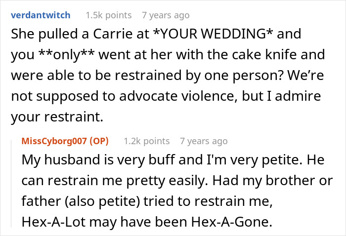 A screenshot of a Reddit comment section discussing a crazy MIL and her witching around.