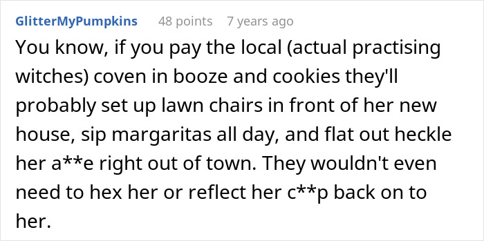 A Reddit comment suggesting hiring local witches to heckle a crazy MIL with witching around activities.