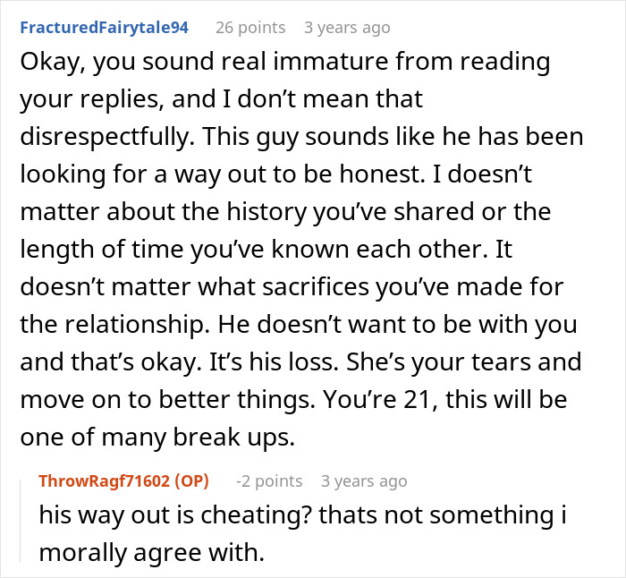 A screenshot of a Reddit comment from FracturedFairytale94, suggesting the ex was seeking a way out.