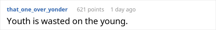 A Reddit comment saying Youth is wasted on the young, possibly reflecting on the friend group dynamics.