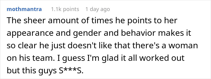 A comment about the airsoft leader's behavior towards the woman ignoring the dress code, suggesting his dislike of her gender. A comment about the airsoft leader's behavior towards the woman ignoring the dress code, suggesting his dislike of her gender.