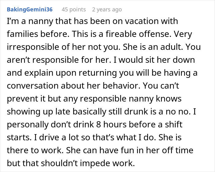 A comment from BakingGemini36 discussing a nanny being irresponsible on family vacation.