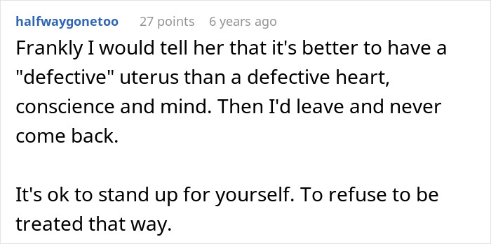 A Reddit comment suggesting to tell the future mother-in-law it is better to have a defective uterus than a defective heart and mind.