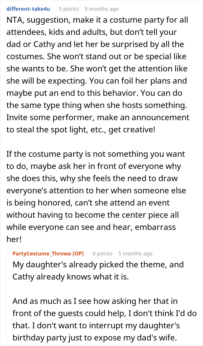 A screenshot of a detailed comment suggesting ways to counter a stepmom trying to hijack a kid's birthday party. A screenshot of a detailed comment suggesting ways to counter a stepmom trying to hijack a kid's birthday party.