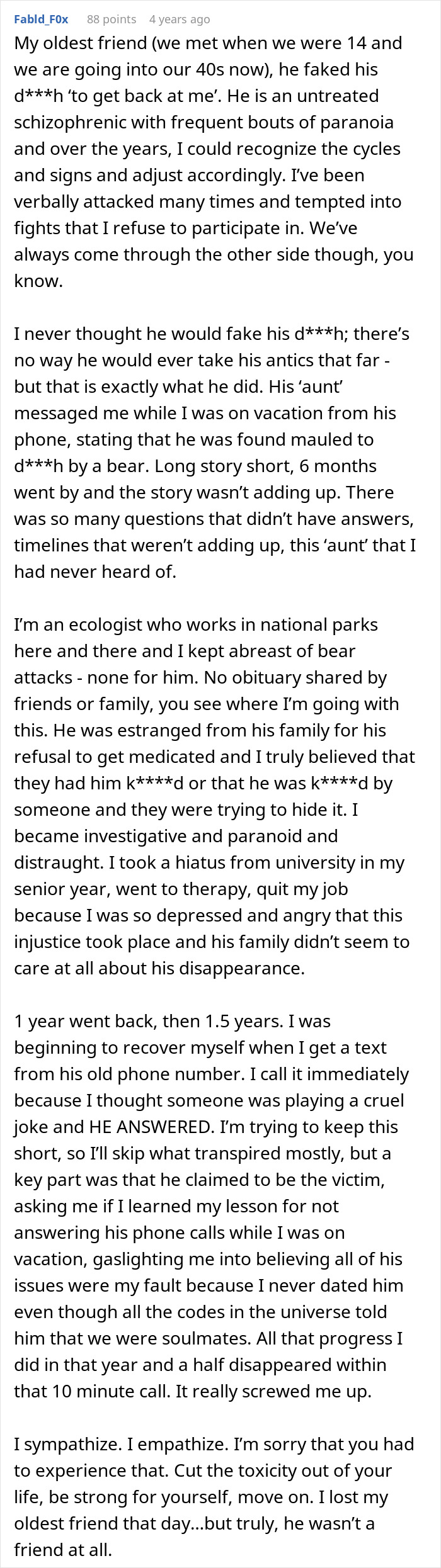 A detailed comment describes a friend's experience with a boyfriend and his cruel prank. A detailed comment describes a friend's experience with a boyfriend and his cruel prank.