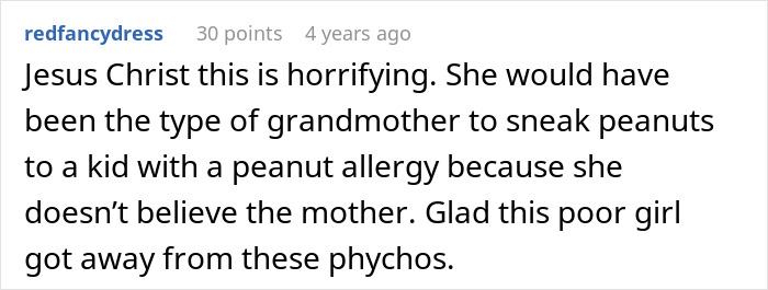 A comment about a woman trying to make her DIL have kids, describing the grandmother as potentially giving peanuts to an allergic child.