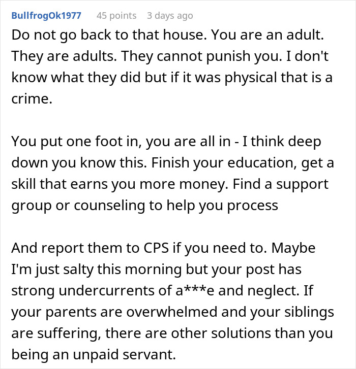 Online comment advising a man on how to deal with parents who ruined his childhood by making him raise their kids. Online comment advising a man on how to deal with parents who ruined his childhood by making him raise their kids.