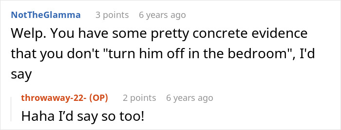 A screenshot of a comment saying 'Welp. You have some pretty concrete evidence that you don't turn him off in the bedroom, I'd say'.
