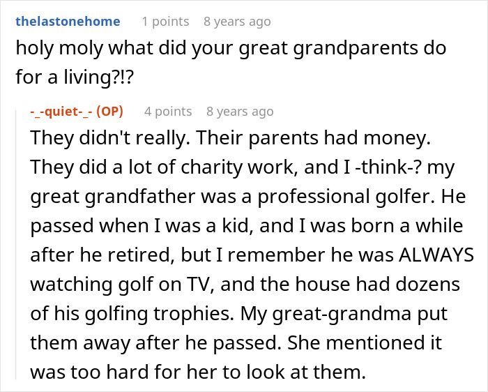 A Reddit comment asks about the great-grandparents' work; the user explains their wealth, linking to the great-grandma's troll. A Reddit comment asks about the great-grandparents' work; the user explains their wealth, linking to the great-grandma's troll.